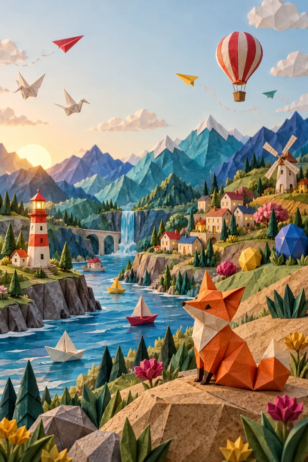 Un monde entier en papier plié : montagnes, rivière et bateaux, village, phare et moulin, grues et avions en papier dans le ciel, et Plio, le petit renard en origami.